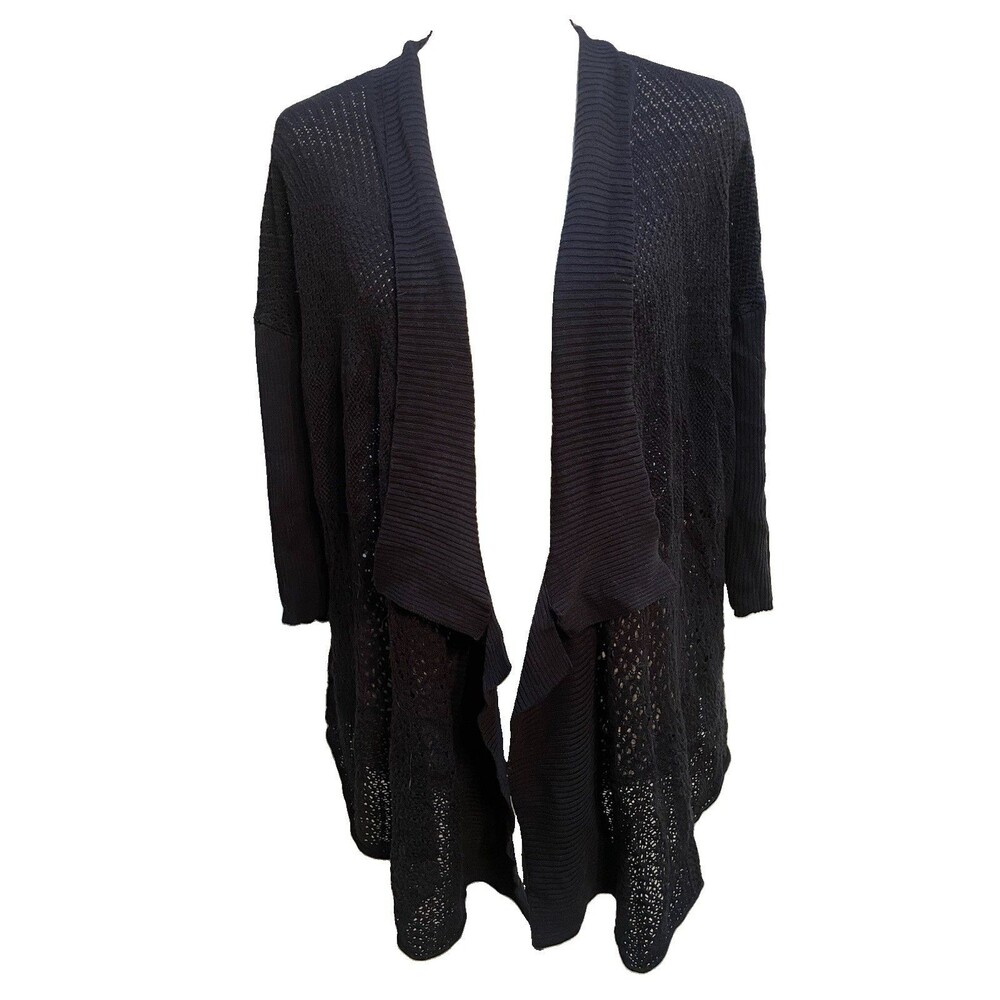 Eileen Fisher Open Knit Cardigan M Black Drape Front Coastal Luxury Whimsigoth
